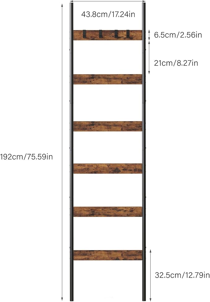 Blanket Ladder, 6-Tier Towel Holder with 4 Removable Hooks, Farmhouse Wall Leaning Decorative Rack Shelf, Wooden Towel Displa