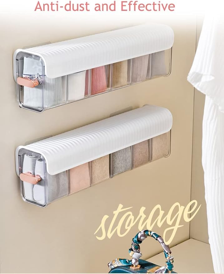 Socks Underwear Wall Mount Drawer Organizer, Switchable 6 Cell Drawer Acrylic Organizers Self-Adhesive Anti Dust Storage Boxe