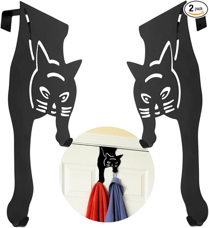 Evelots Cat Over The Door Hooks for Hanging-Set of 2 Black-Over The Door Organizer-Strong Metal Hooks