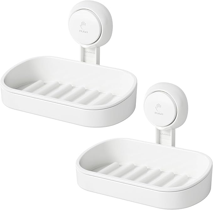 LEVERLOC Soap Holder Suction Cup for Shower, 2 Pack Bar Soap Dish Holder for Shower Wall Mounted NO-Drilling, Plastic Self Dr