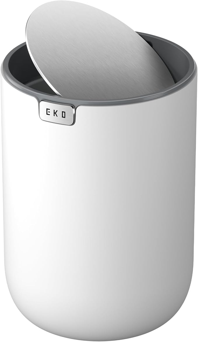 EKO Mini Desk Trash Can with Swing-Top Lid 0.4 Gallon Small Table Round Wastebasket for Office, Home, Car (White)