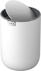 EKO Mini Desk Trash Can with Swing-Top Lid 0.4 Gallon Small Table Round Wastebasket for Office, Home, Car (White)