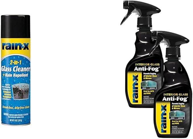 Rain-X Glass Care Bundle: 18 oz 2-in-1 Glass Cleaner Plus Rain Repellent with 2-Pack 12 oz Interior Anti-Fog Spray for Auto &