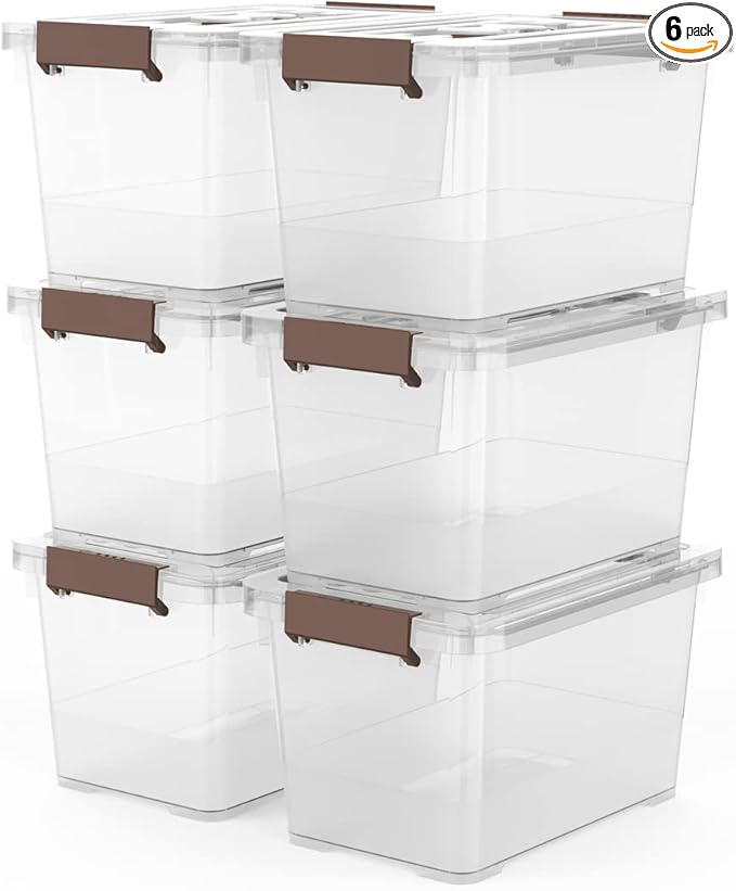 WYT 6-Pack Clear 7 Quart Storage Latch Box/Bins, Plastic Stackable Latching Box with Brown Handle and Lid, Multi-Purpose, 7 L