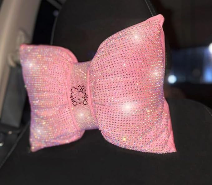 Fashion Car Ultra Bling Steering Wheel Cover with Sparkly Diamond Rhinestones, Gorgeous Accessory with Anti Slip Lining Extra Bling Especially Shiny Cat Exotic Universal (Headrest Pink Hot)