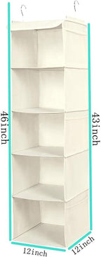 BrilliantJo 5 Shelves Hanging Closet Organizer, 2 Pack Hanging Storage with 6 Side Pockets for Clothes Shoes, 43"x12"x12"(Bei