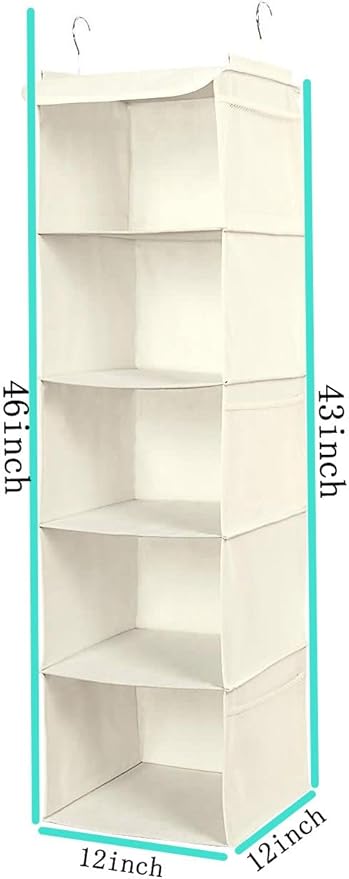 BrilliantJo 5 Shelves Hanging Closet Organizer, 2 Pack Hanging Storage with 6 Side Pockets for Clothes Shoes, 43"x12"x12"(Bei