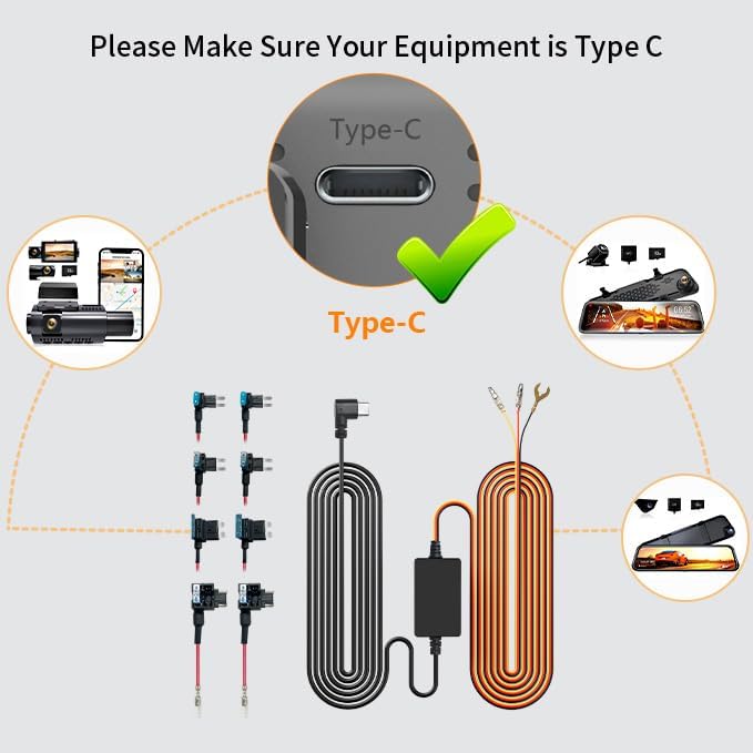 WOLFBOX USB C Hardwire Kit for G850PRO/G840S/G930/G850/G900/G840H/i07/i17/X5/X5 Duo/X3 Dash Cam, not Suitable for G890/G900 PRO/G900 Tripro, Parking Monitor with Multiple Size connectors