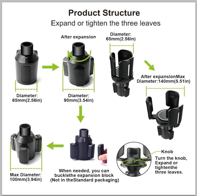 Car Cup Holder Expander, Cup Holder Extender Adapter with Expandable Arm and Offset Adjustable Base