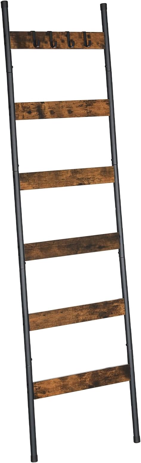 HOOBRO Blanket Ladder, 6-Tier Towel Rack with Hooks, Wall-Leaning Blanket Rack, Decorative Display Ladder Shelf, Scarves, Ind