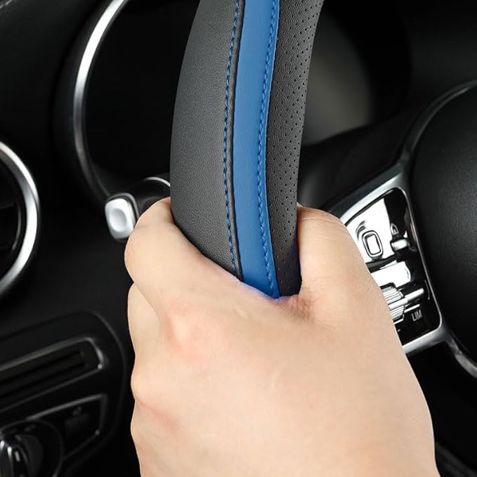 Car Steering Wheel Cover, Leather Steering Wheel Cover Blue Universal 14.5-15 Inch Microfiber Leather Anti-Slip Breathable Au