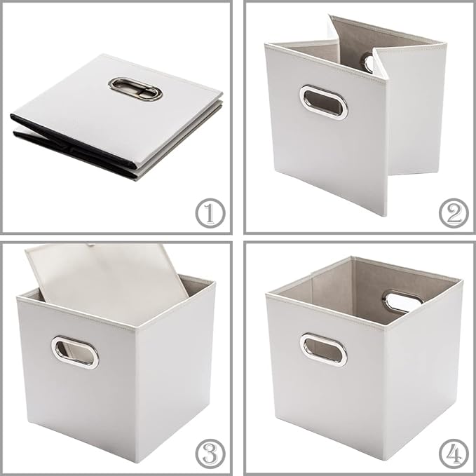 PRANDOM Leather Foldable Cube Storage Bins 11x11 inch [2-Pack] Fabric Storage Baskets Cubes Drawer with Cotton Handles Organi