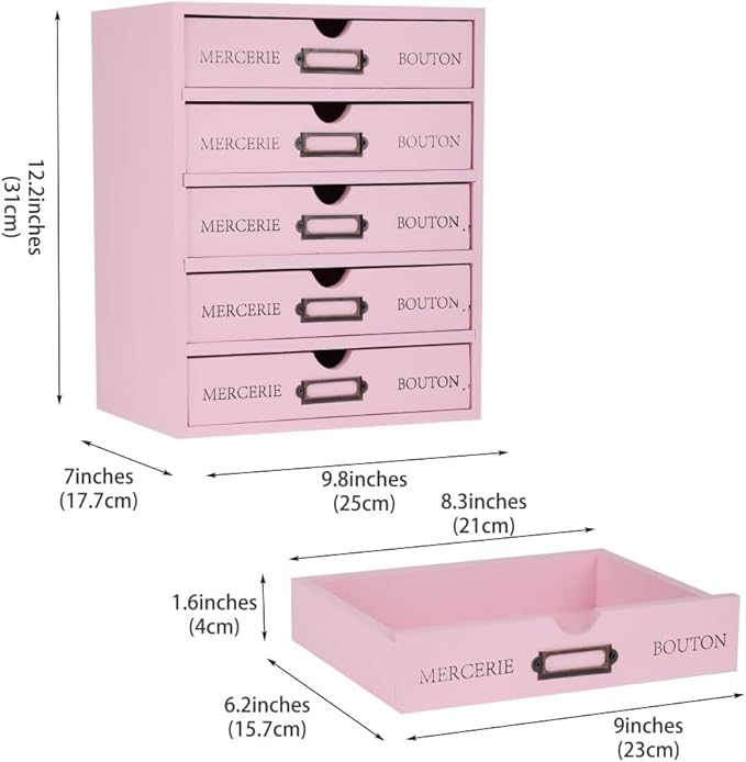 Wooden Storage Box with 5 Drawers Apothecary Vintage Wood Desktop Organizer Countertop Library Card Catalog Cabinet (Pink)