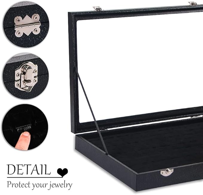 Coward Ring Organizer Jewelry Box, Black Velvet 100 Slots Ring Display Tray Case with Transparent Glass Lid for Home Use or S