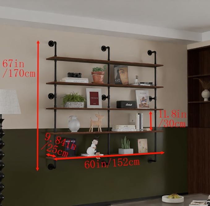 Industrial Pipe Shelf Shelving Bookcase, Wall Mounted Rustic Bookshelf 60 Inch, Floating Bookshelves for Wall,Retro Wood Meta