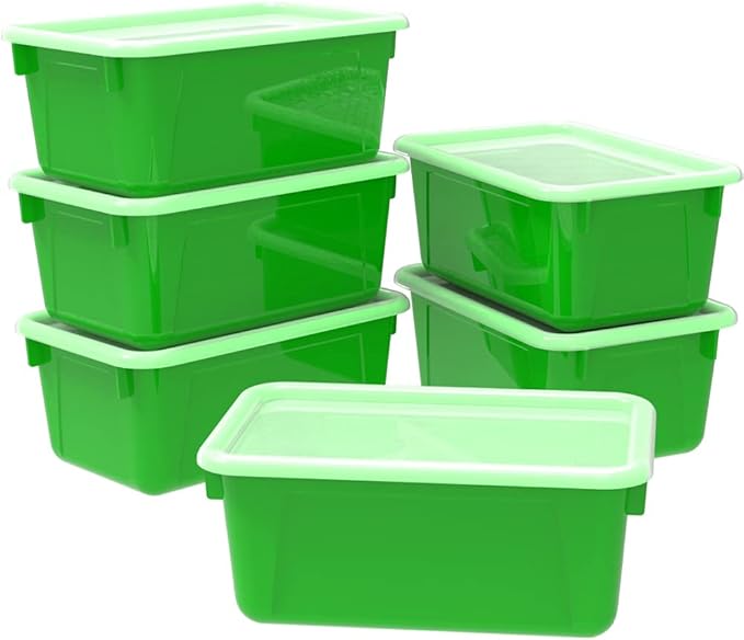 Storex Small Cubby Bins – Plastic Storage Containers for Classroom with Non-Snap Lid, 12.2 x 7.8 x 5.1 inches, Green, (62409U