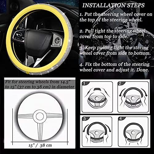 Bling Diamond Steering Wheel Cover, Leather Steering Wheel Covers for Women Girls with Crystal Rhinestones, Breathable, Anti-Slip Universal Fit 14.5-15 Inch Bling Car Accessories(Yellow)
