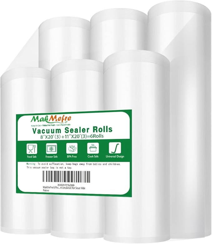 MakMeFre 6 Pack 8"x20'(3Rolls) and 11"x20' (3Rolls) Vacuum Sealer Bags Rolls for Food,Commercial Grade, BPA Free,Puncture Pre