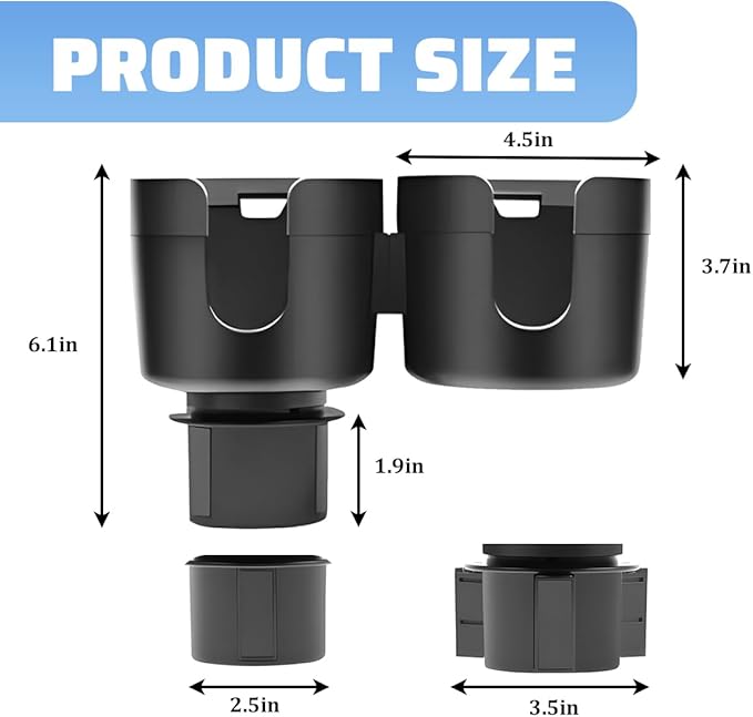 Car Double Cup Holder Expander, 2 in 1 Multifunctional Vehicle Cup Holder Adapter with Adjustable Base, Auto Drink Bottles Ex