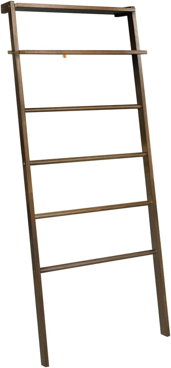 Solid Wood Decorative Ladder - Leaning Blanket Rack for Home Decor Rubbed Walnut