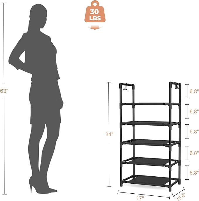 LANTEFUL 5 Tiers Shoe Rack 12-15 Pairs Boots Organizer Storage Sturdy Narrow Shoe Shelf for Entryway, Closets with Hooks, Bla