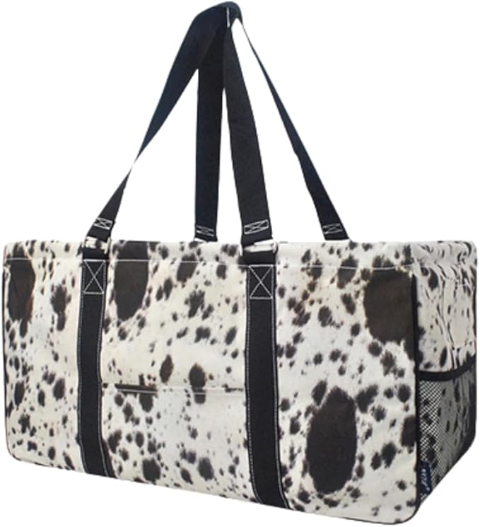NGIL Extra Large Utility Tote Reusable Grocery Bag Oversized Collapsible for Groceries, Storage, Picnic, Beach (Cow Charm-Black)