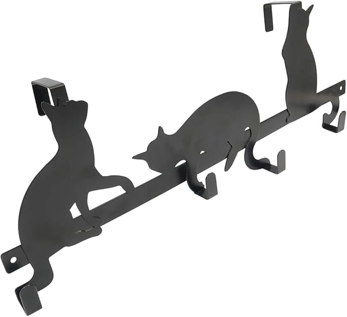 Evelots Over The Door 4 Hook Towel/Coat Rack Hanger Organizer, Kitty Cat Design-Easy No Tool Installation-Black Iron-Holds 20
