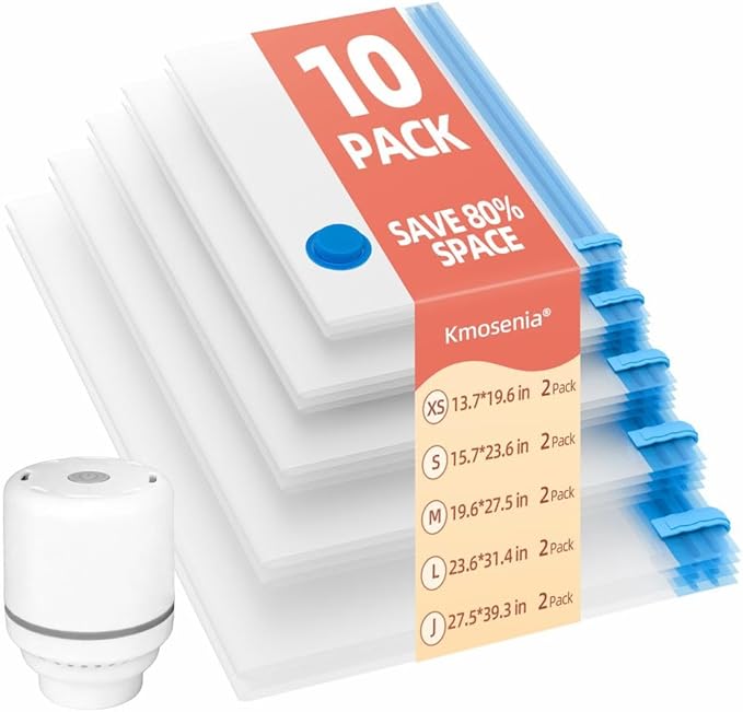 KMOSENIA Vacuum Storage Bags with Electric Pump, Vacuum Seal Bags, Space Saver Compression Bags for Clothing, Pillows, Blanke