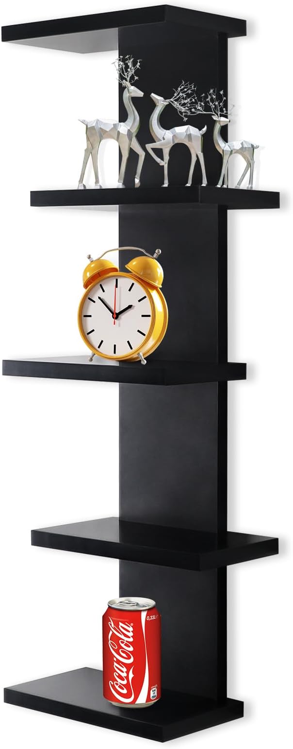 5 Tier Wall Shelf Unit-Black Floating Shelves for Home Decor, Modern Unique Asymmetric Design for Bedroom & Living Room Stora
