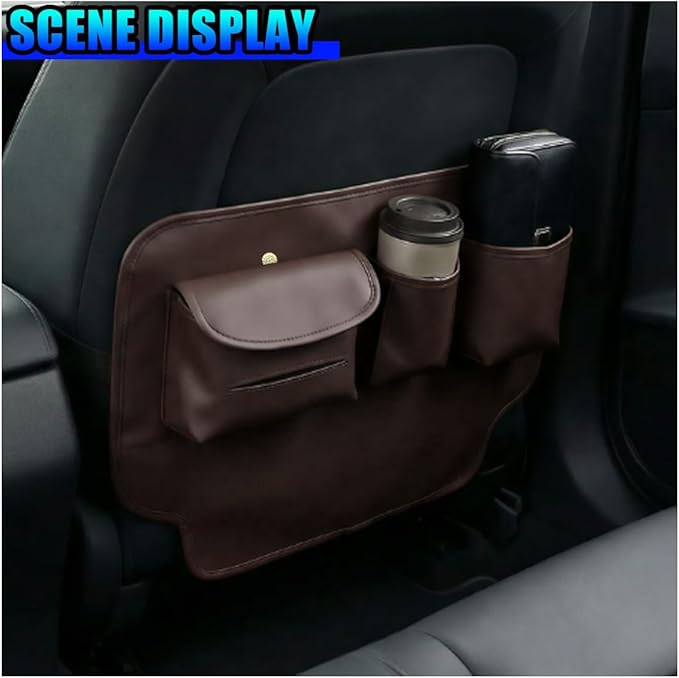Leather Car Seat Back Organizer, Waterproof Car Seat Kick Mat with Cup Holder, Multifunctional Backseat Storage Bag, Universal Auto Travel Seats Protector Accessories for SUV Truck (Brown)