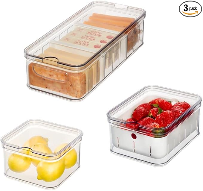 iDesign Crisp 3-Piece Recycled Plastic Refrigerator Organizer Bin Set with Lids, Clear/White