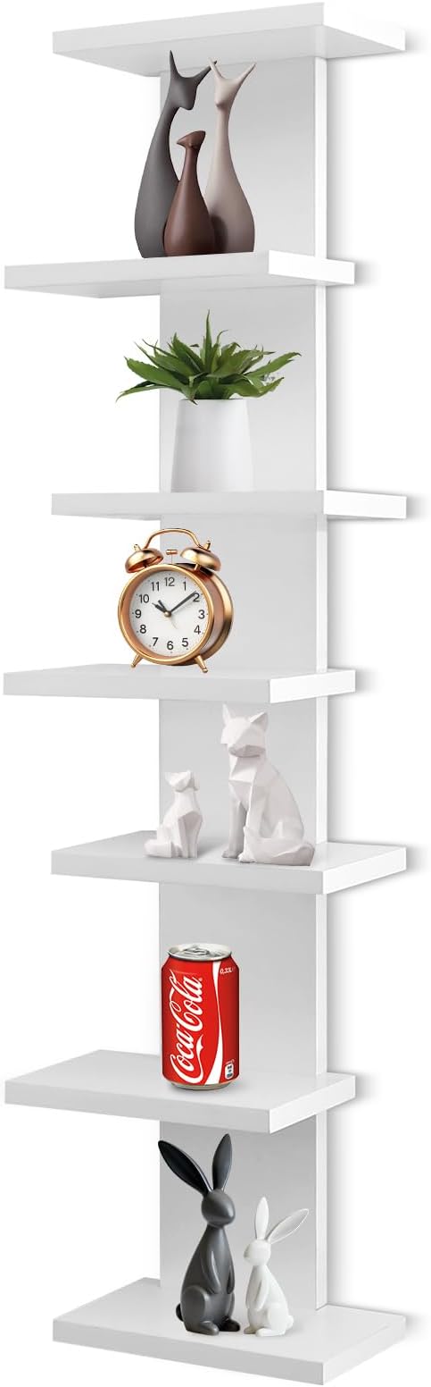7 Tier Wall Shelf Unit-White Floating Shelves for Home Decor, Modern Unique Asymmetric Design for Bedroom & Living Room Stora