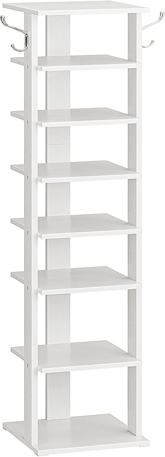 HOOBRO 8 Tiers Vertical Shoe Rack, Wooden Shoe Storage Organizer with Hooks, Narrow Shoe Tower for 8 Pairs, Space Saving, for