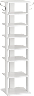 HOOBRO 8 Tiers Vertical Shoe Rack, Wooden Shoe Storage Organizer with Hooks, Narrow Shoe Tower for 8 Pairs, Space Saving, for