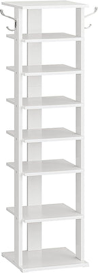 HOOBRO 8 Tiers Vertical Shoe Rack, Wooden Shoe Storage Organizer with Hooks, Narrow Shoe Tower for 8 Pairs, Space Saving, for