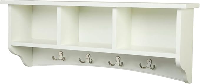 Shaker Cottage 36-Inch Wall-Mounted Coat Rack with 3 Open Shelves – Transitional Entryway Organizer, Mudroom Storage Shelf wi