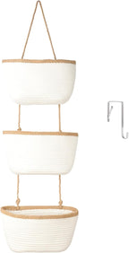 TeoKJ Over the Door Hanging Basket, 3-Tier Woven Cotton Wall-Mounted Storage Organizer Bag Decorative Hanging Nursery Baskets