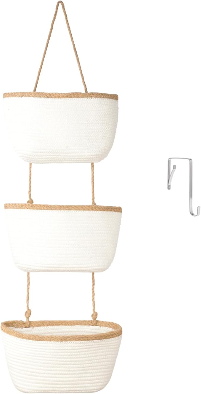 TeoKJ Over the Door Hanging Basket, 3-Tier Woven Cotton Wall-Mounted Storage Organizer Bag Decorative Hanging Nursery Baskets
