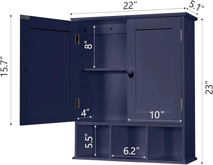 TaoHFE Blue Bathroom Over The Toilet Storage Cabinet,Wall Medicine Cabinet Organizer with 2 Door Adjustable Shelves,Wooden Mo