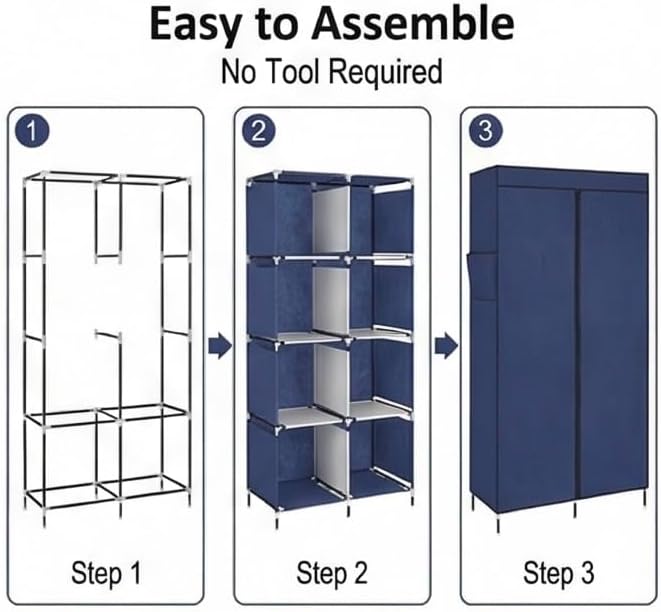 71" Portable Closet Wardrobe, Fabric Storage Organizer with Dustproof Cover, Shelves & Hanging Rod, Foldable Closet Wardrobe 
