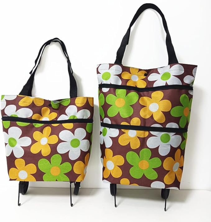 Reusable Grocery Bags with Waterproof Coating and Folding Wheels - Foldable Tote Bags for Shopping, Multi-Purpose Storage for Groceries(Coffee Flower)