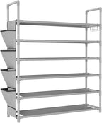 LANTEFUL 6 Tier Shoe Rack Storage for 24-30 Pairs Shoe and Boot, Shoe Organizer with Hook and Side Pocket Free Standing Long 