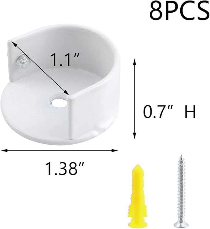 T Tulead U Shape Closet Rod End Supports 1.1-Inch Wardrobe Bracket Aluminum Alloy Shower Rod Holder White, 8PCS with Screws
