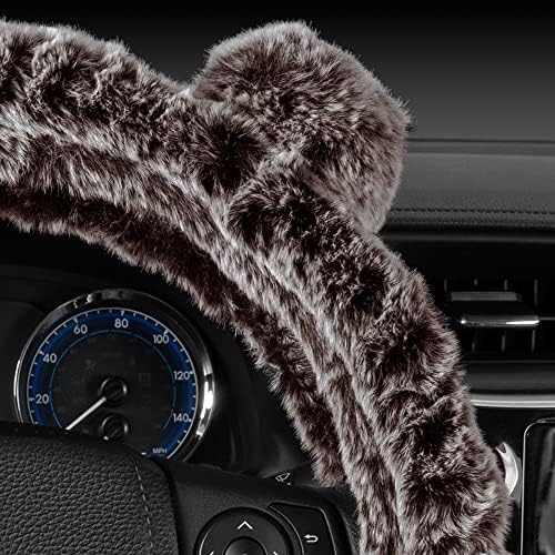 BDK Bear Fur Steering Wheel Cover, Plush Faux Fur Fuzzy Steering Cover for Car Truck Van SUV, Standard Size Fits Wheels 14.5-