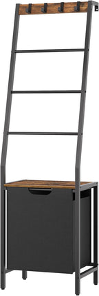 MAHANCRIS Blanket Ladder, 4-Tier Towel Rack with Pull-Out Laundry Basket & Removable Hooks, Ladder Shelf Stand, Wall-Leaning 