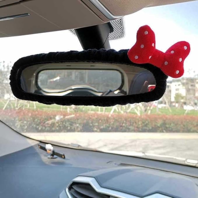Adorable Teddy Bear Car Mirror Cover Set,Cute Sheep Mirror Accessories, Cartoon Design for Rearview Mirrors, Cozy Interior Auto Accessory (Black Bow)