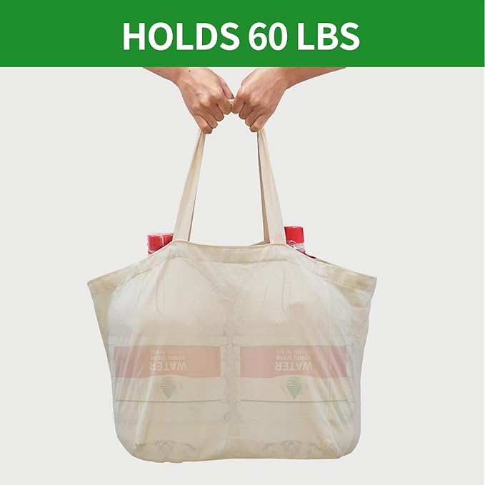 3 Pack Heavy Duty Reusable Canvas Grocery Bags, Holds 60 lbs, 8.3 gal Multi-Purpose Washable Grocery Bags with 5 Pockets, Off White