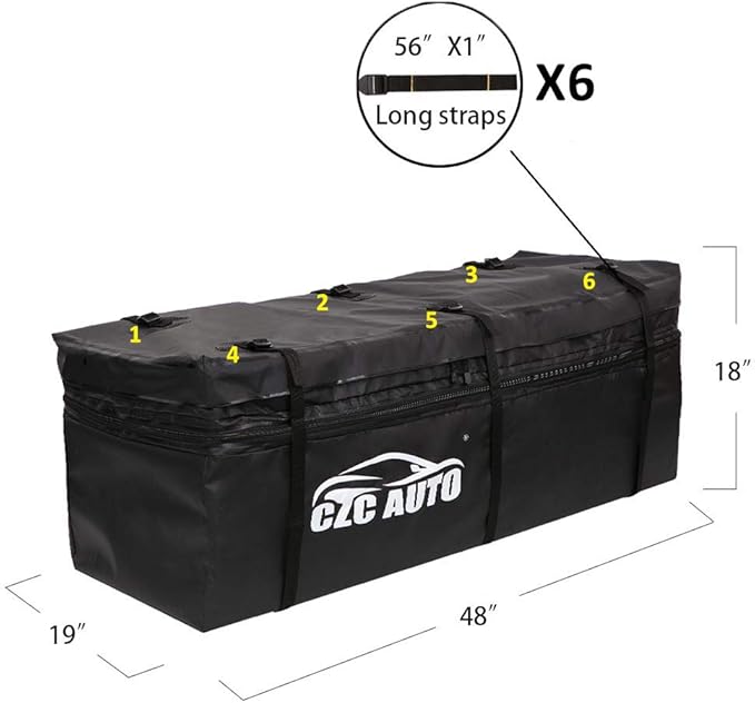 CZC AUTO Expandable Hitch Cargo Carrier Bag 9.5 cu. ft Extends to 11.6 cu. ft, Waterproof/Rainproof/Weatherproof, for Car Truck SUV Vans' Hitch Trays Hitch Baskets, Safe Steady Durable Soft Black