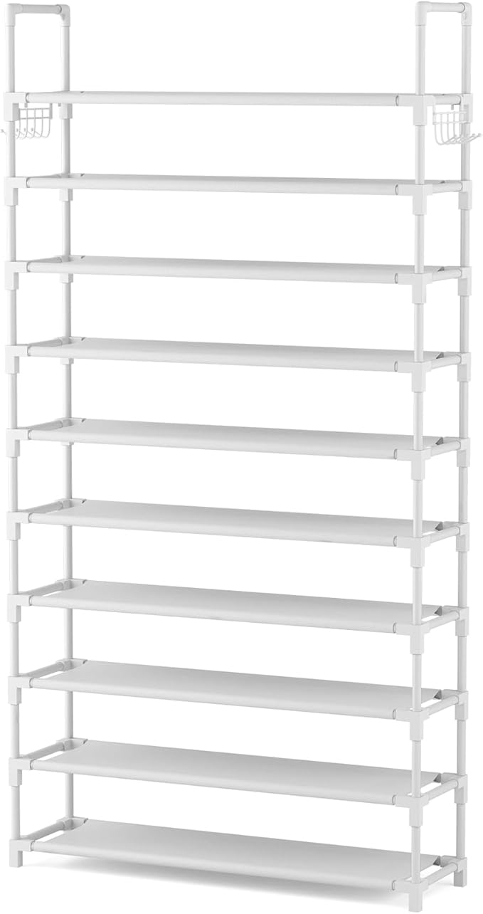 VTRIN 10 Tiers Shoe Rack Tall Large Capacity Wide Shoe Organizer Sturdy Shoe Shelf for Entryway with Two Hooks Metal Shoe Sto