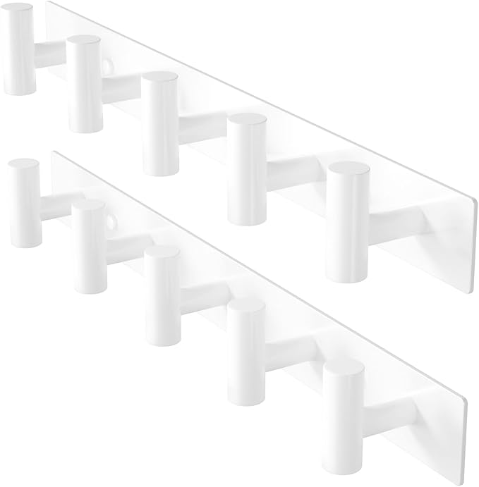 GWAAZXGZ White Wall Mounted Coat Rack – 5 T-Shaped Pegs for Hats, Bags & Towels, Heavy-Duty Metal Rail for Entryway, Bathroom